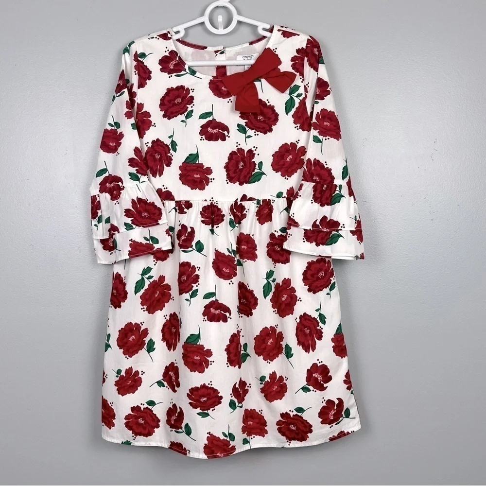 NWT Crown & Ivy kids white red floral 100% cotton bell sleeve dress, size 10.